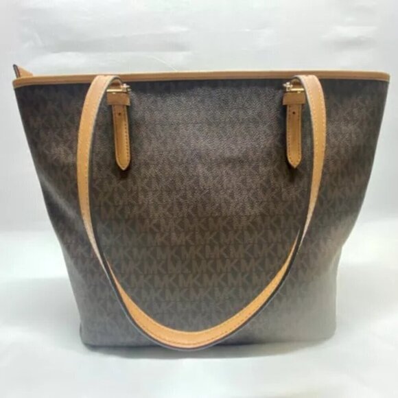 Michael Kors Jet Set Signature Leather PVC Large Snap Pocket Tote Brown on Brown - Picture 15 of 16